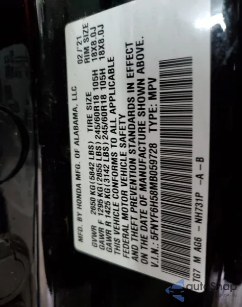 2021 Honda Pilot Exl из США, поврежденный, VIN 5FNYF6H58MB059728